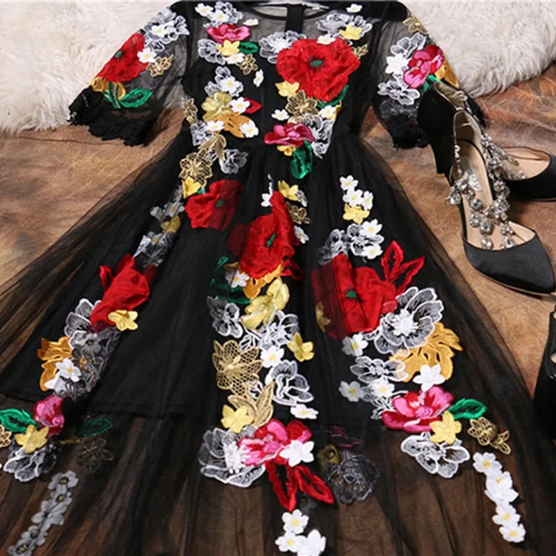Luxury  Flower Embroidery Appliques Black Mesh  Maxi