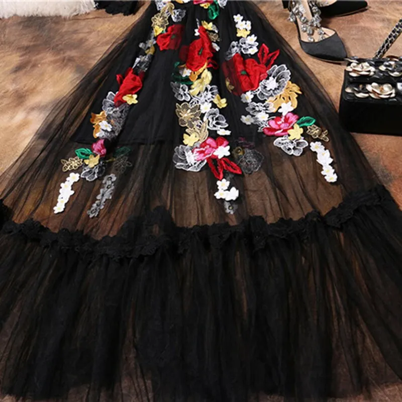 Luxury  Flower Embroidery Appliques Black Mesh  Maxi