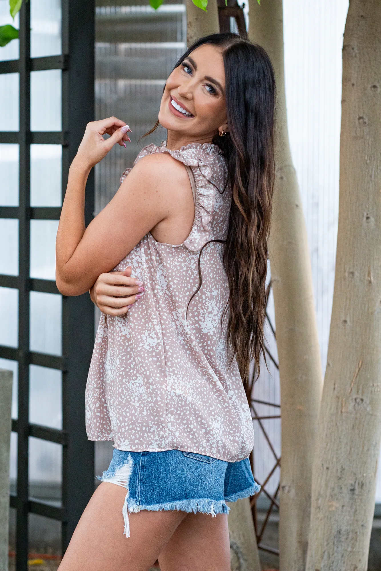 Mauve Floral Print Sleeveless Ruffle Neck Top