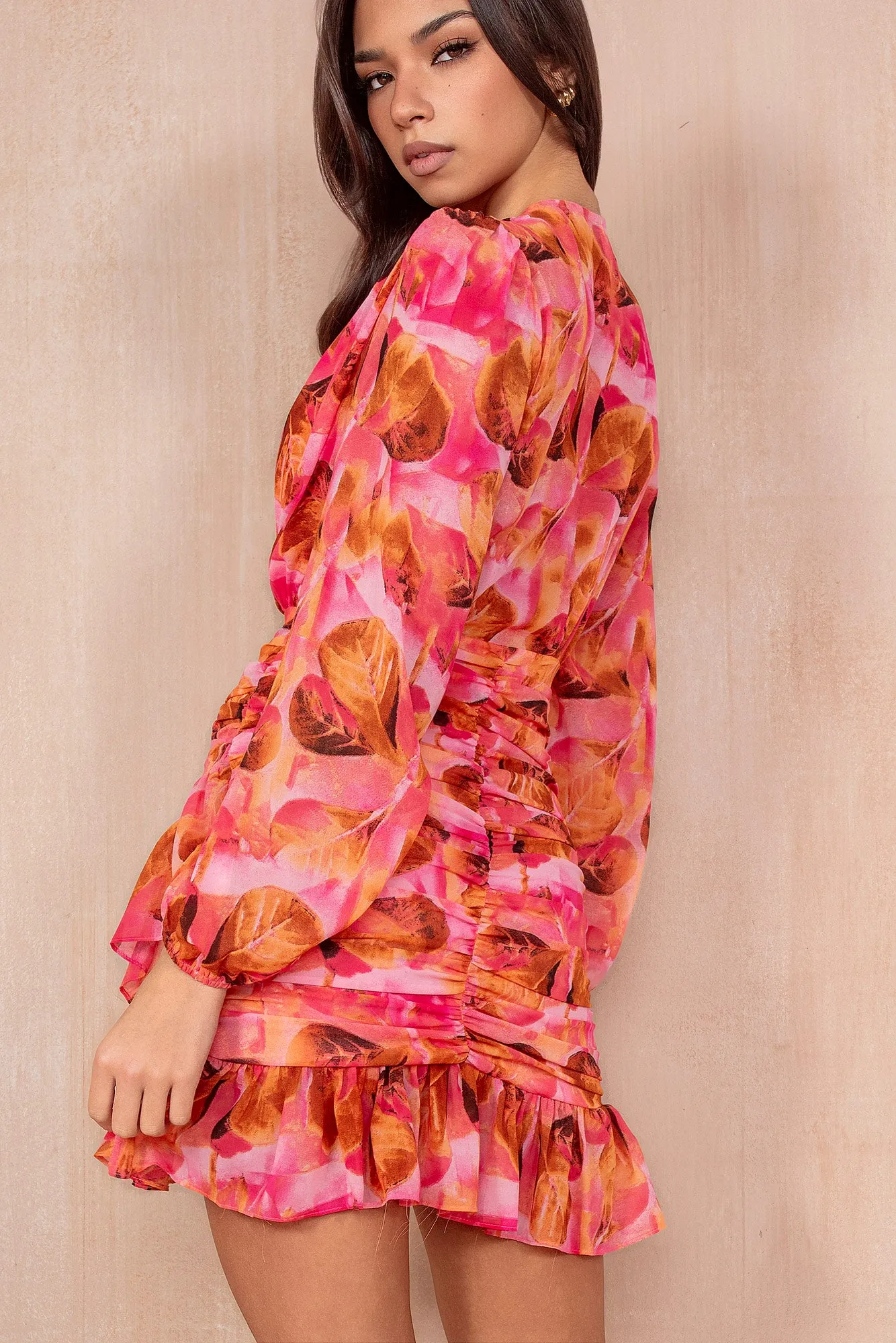 Meredith Pink and Orange Chiffon Print Dress
