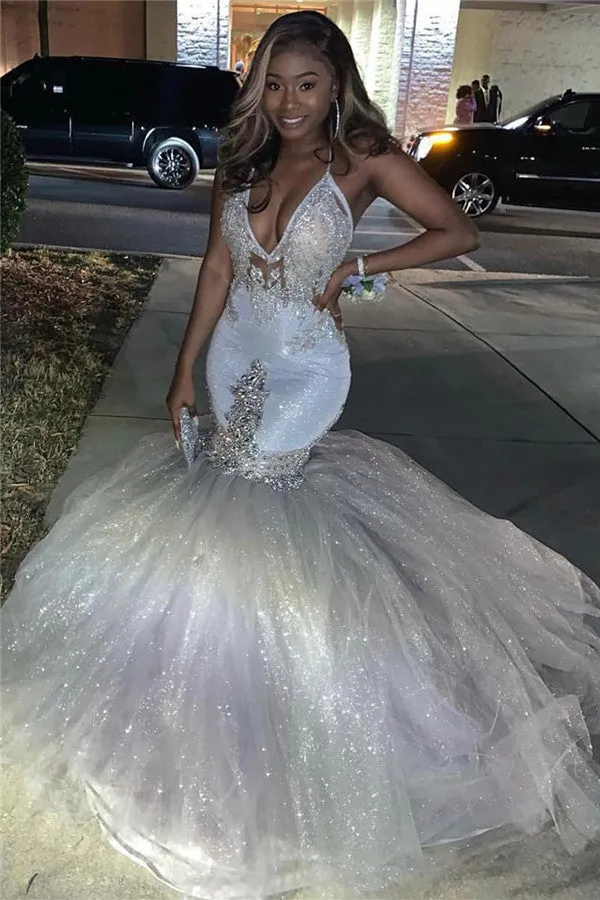 Mermaid Deep V-neck Halter Floor Length Tulle Paillette Beading Prom Dress