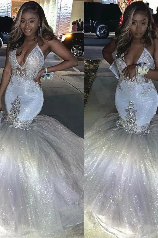 Mermaid Deep V-neck Halter Floor Length Tulle Paillette Beading Prom Dress