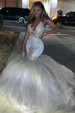 Mermaid Deep V-neck Halter Floor Length Tulle Paillette Beading Prom Dress