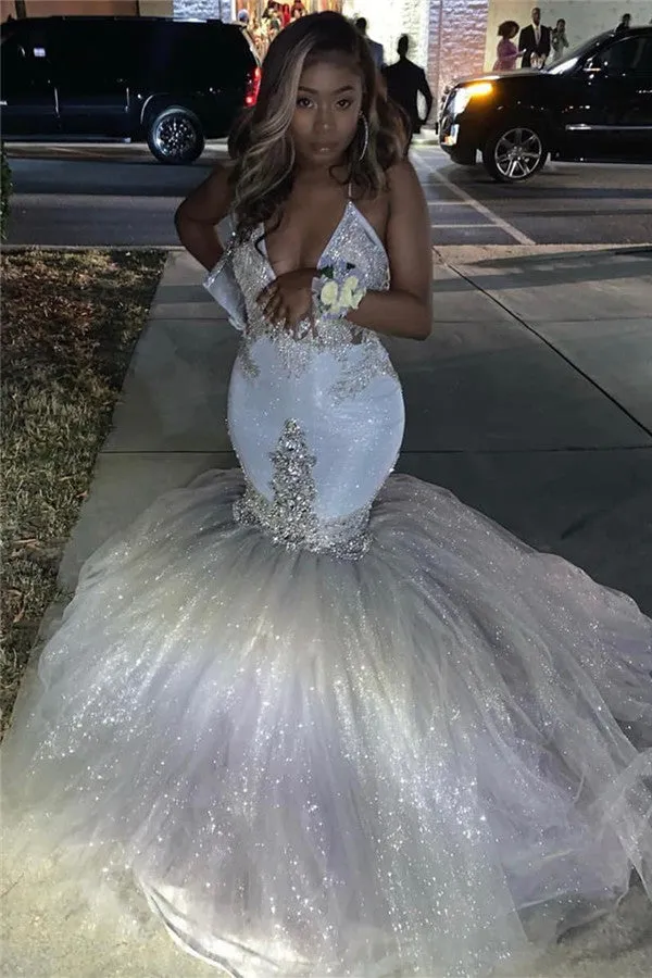Mermaid Deep V-neck Halter Floor Length Tulle Paillette Beading Prom Dress