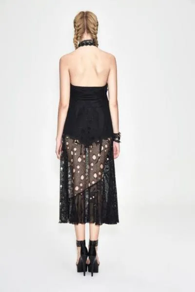 Mesh Distressed Long Halter Dress - Black -