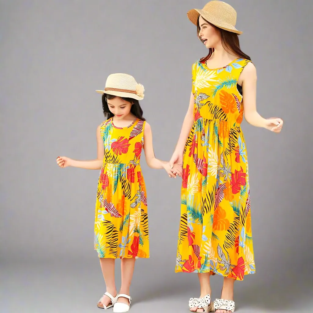 Mother-Daughter Matching Summer Dresses  Vibrant Printed Sleeveless Maxi Dresses