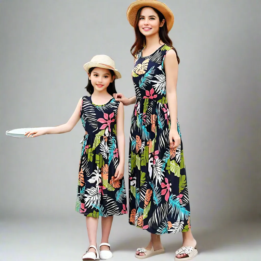 Mother-Daughter Matching Summer Dresses  Vibrant Printed Sleeveless Maxi Dresses