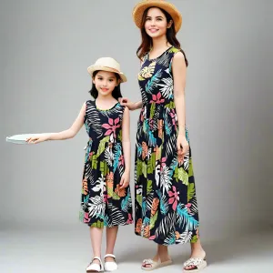 Mother-Daughter Matching Summer Dresses  Vibrant Printed Sleeveless Maxi Dresses