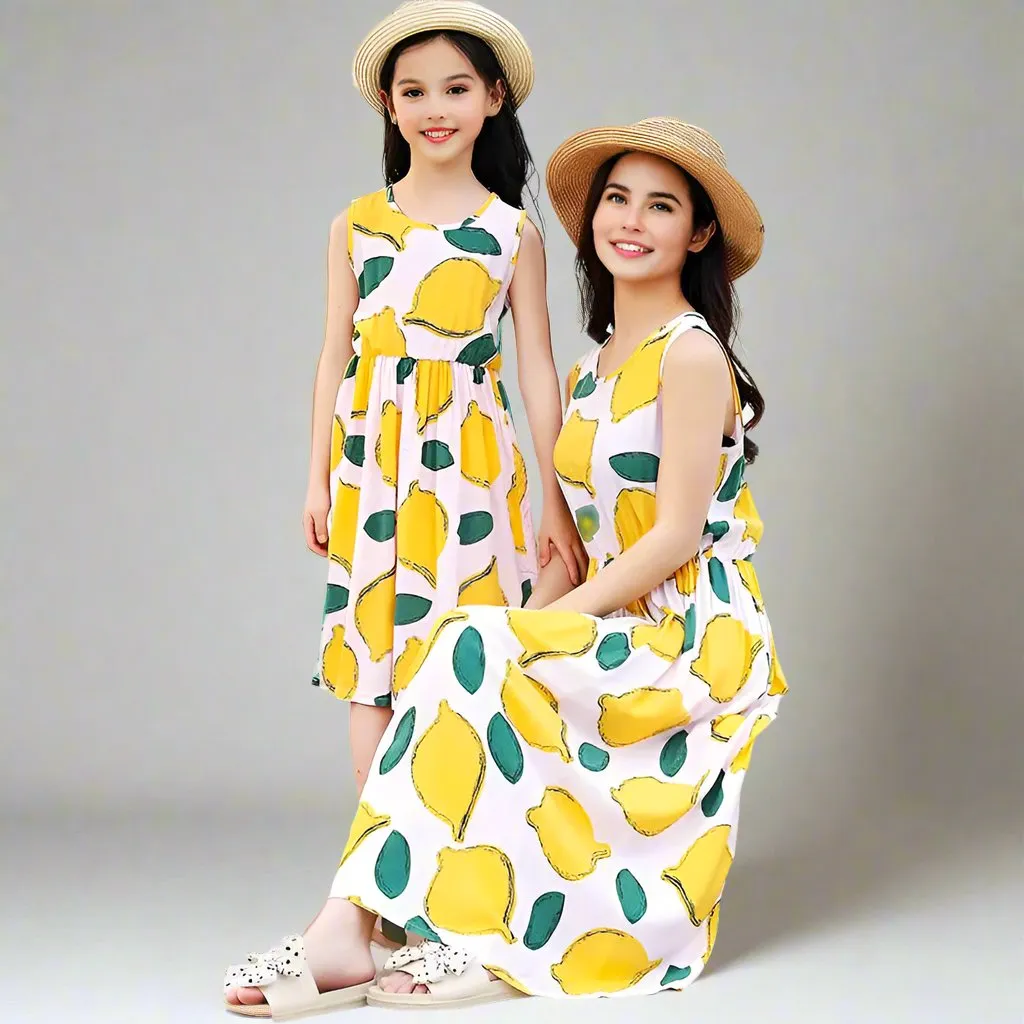 Mother-Daughter Matching Summer Dresses  Vibrant Printed Sleeveless Maxi Dresses