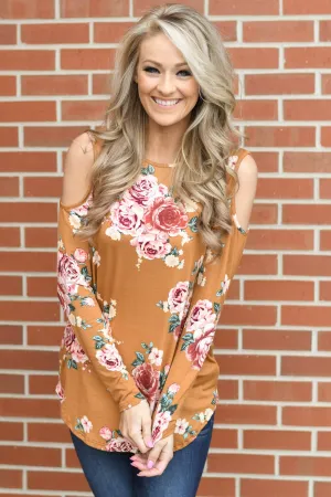 Mustard Floral Cold Shoulder Top