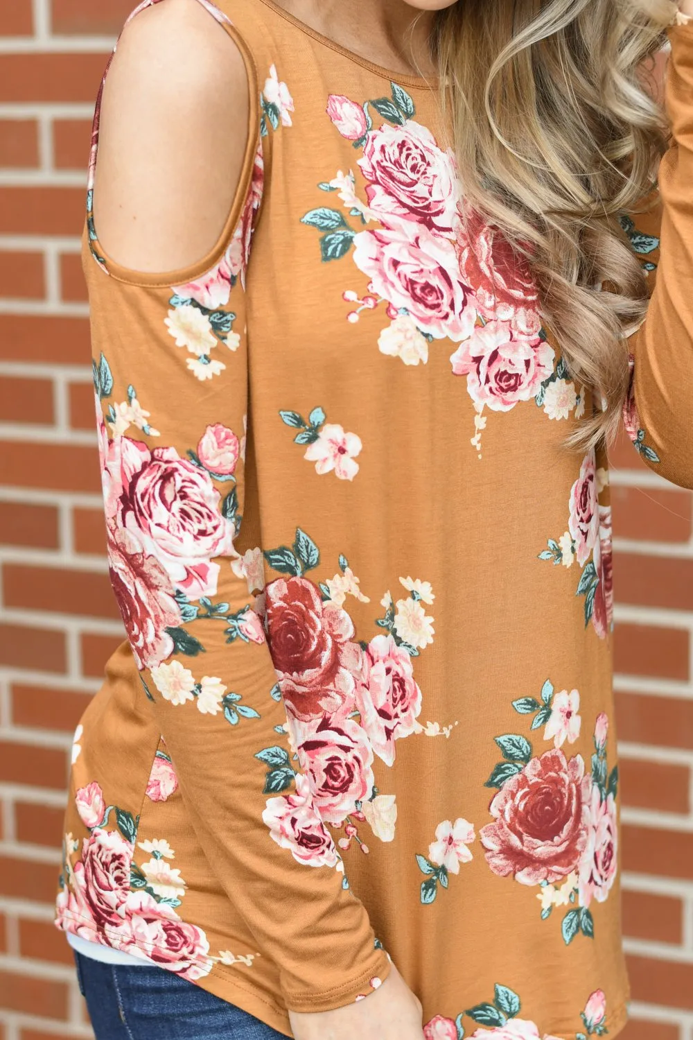 Mustard Floral Cold Shoulder Top