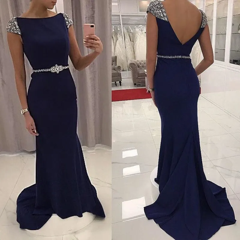 Navy Blue Sequined Fitted Cap Sleeve Mermaid Prom Dress Formal Gown