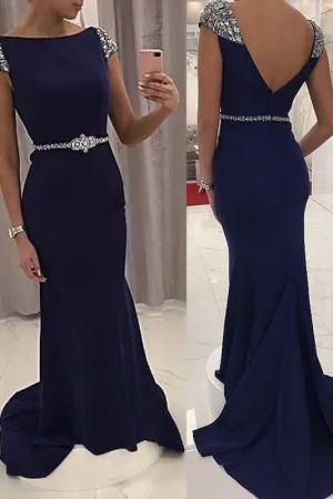 Navy Blue Sequined Fitted Cap Sleeve Mermaid Prom Dress Formal Gown