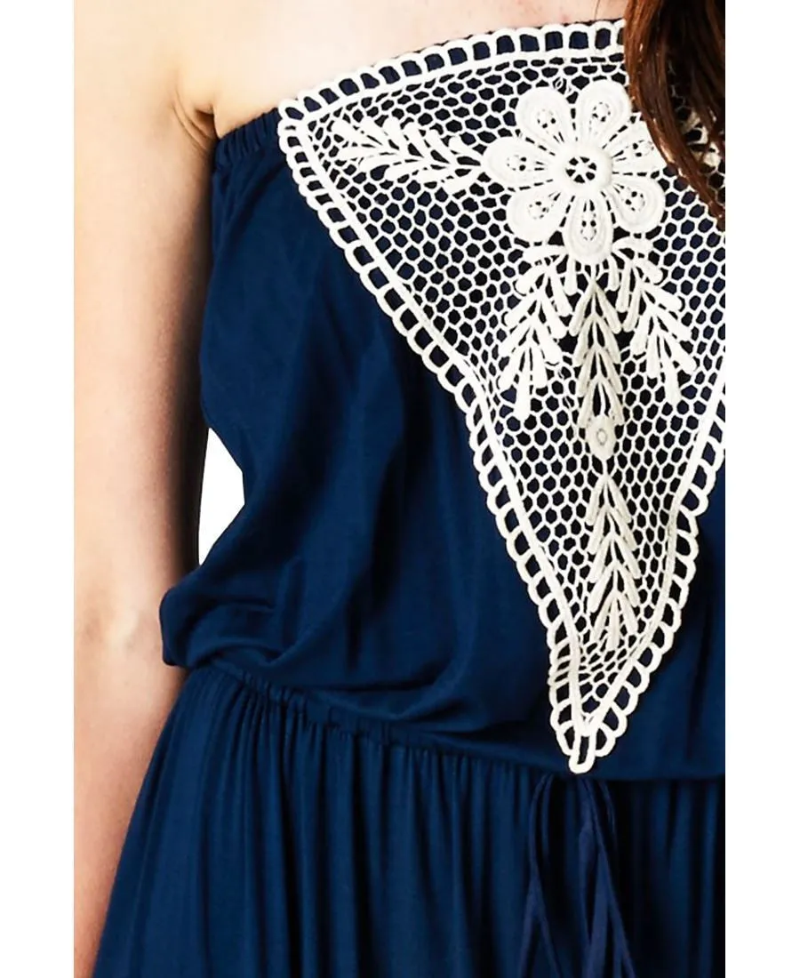 Navy Blue Strapless Maxi Dress with Elegant Crochet Chest Piece