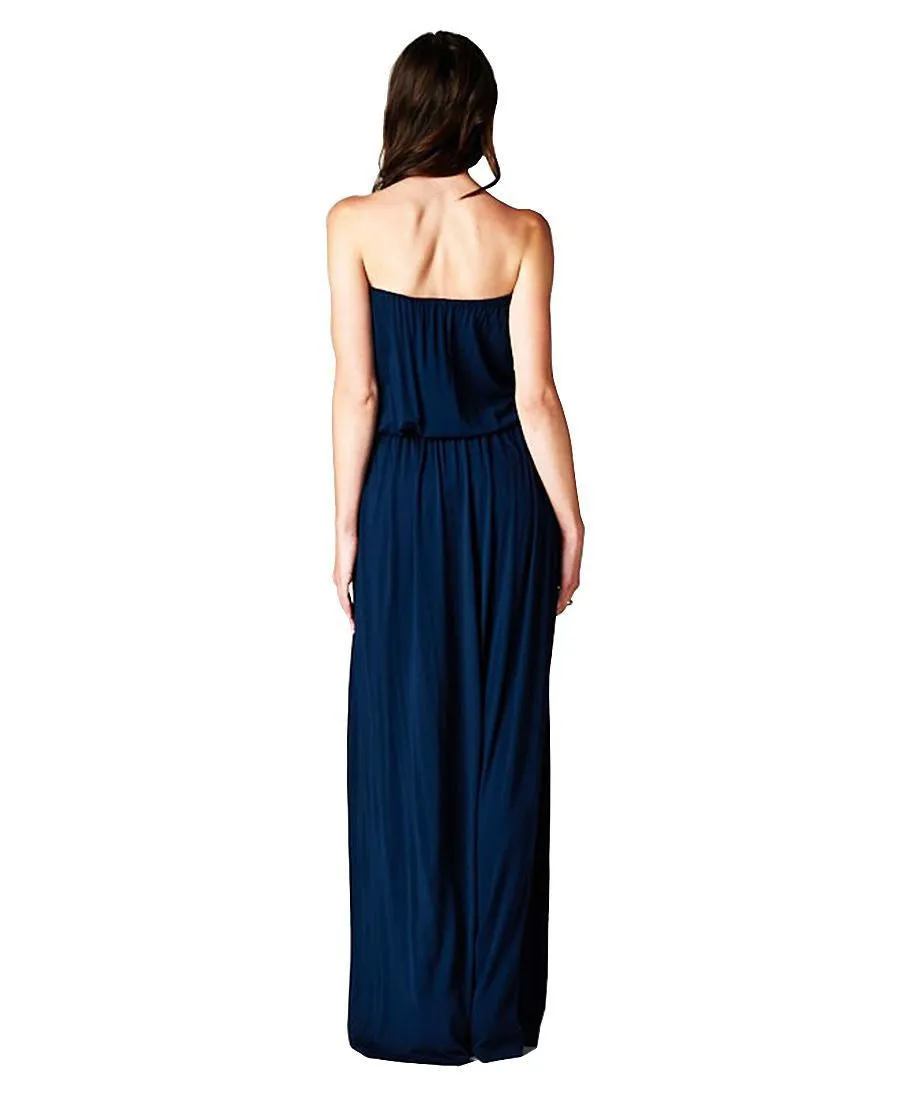 Navy Blue Strapless Maxi Dress with Elegant Crochet Chest Piece