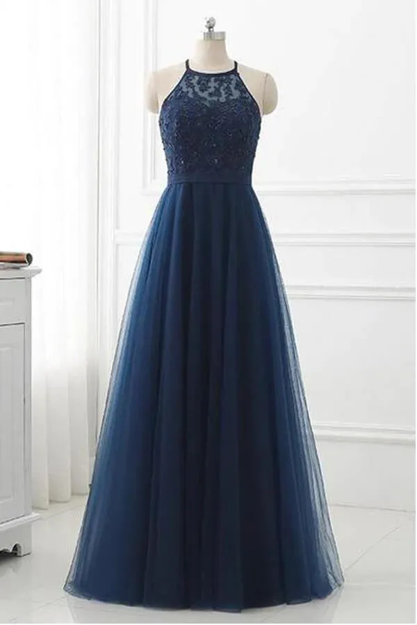Navy Blue Tulle A-line Lace Appliques Halter Long Prom Dress, Party Dress, SP946