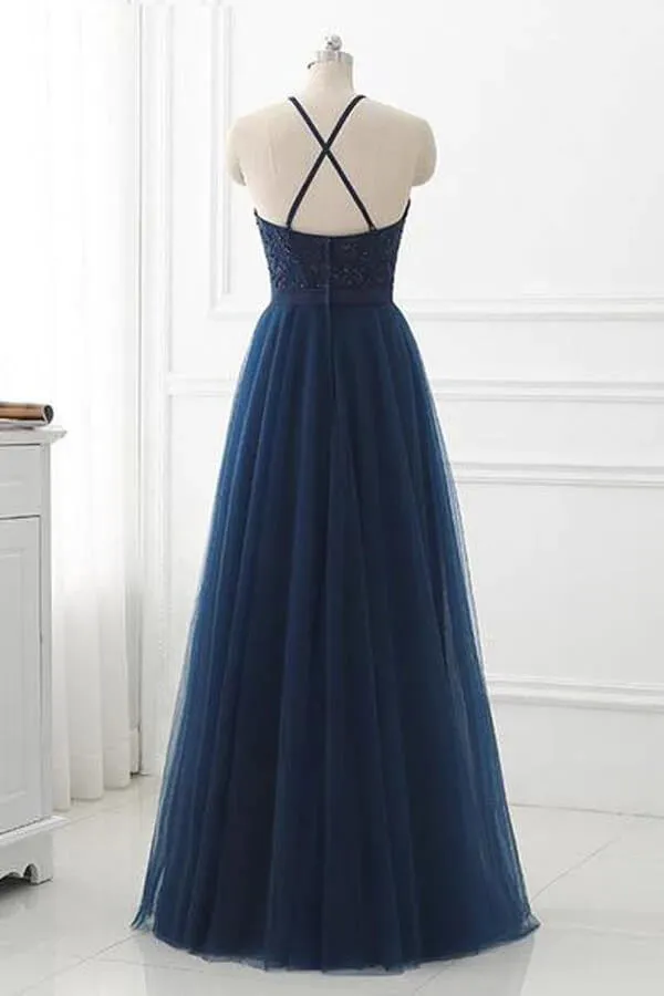 Navy Blue Tulle A-line Lace Appliques Halter Long Prom Dress, Party Dress, SP946
