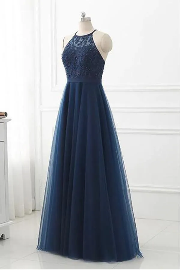 Navy Blue Tulle A-line Lace Appliques Halter Long Prom Dress, Party Dress, SP946
