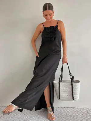 New Elegant Boutique Maxi Dress Sleeveless Solid Color Side Split Vintage Fashion Loose Dress
