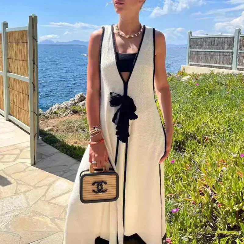 New Fashion Hight Waist V-Neck Maxi Dress Sexy Summer Deep V-Neck Slim Party Dress Lace-up Sleeveless Long Dress