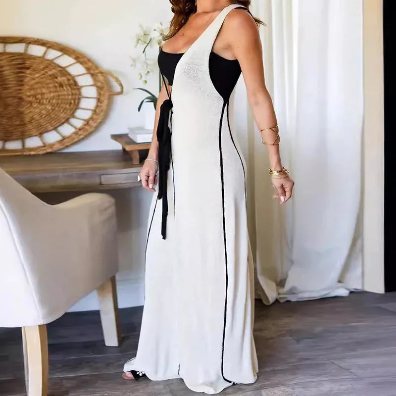 New Fashion Hight Waist V-Neck Maxi Dress Sexy Summer Deep V-Neck Slim Party Dress Lace-up Sleeveless Long Dress