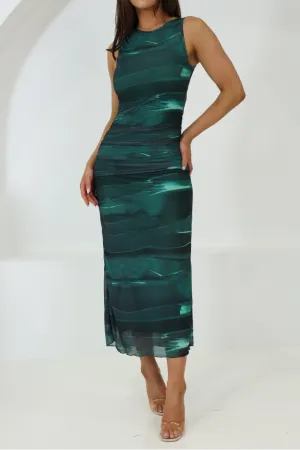 NORDIA SLEEVELESS MESH MAXI DRESS - Dark Green Print