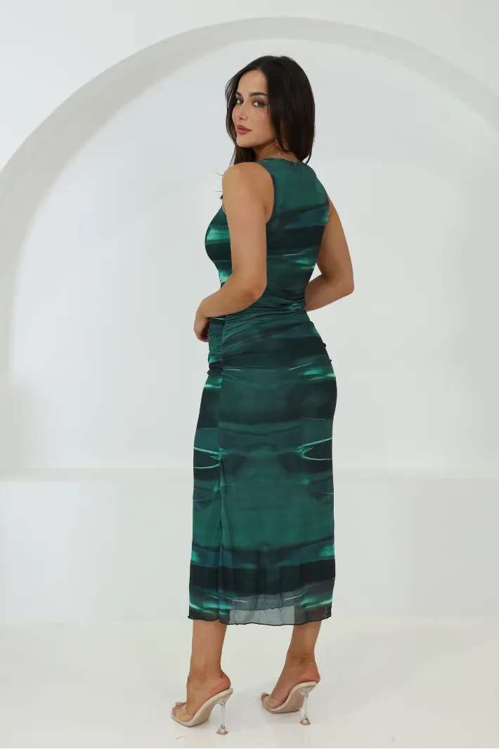 NORDIA SLEEVELESS MESH MAXI DRESS - Dark Green Print