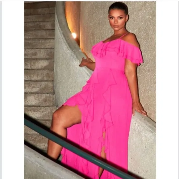 NWT Fashion to Figure hot pink maxi dress ruffle off shoulder plus size 4X
