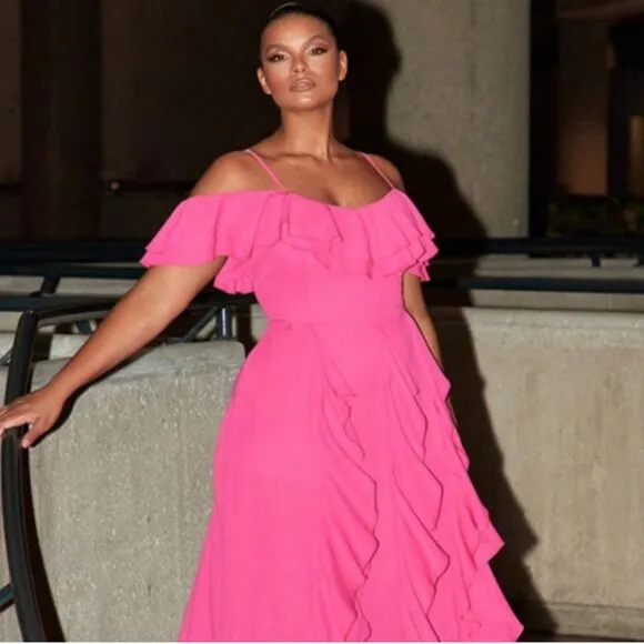 NWT Fashion to Figure hot pink maxi dress ruffle off shoulder plus size 4X