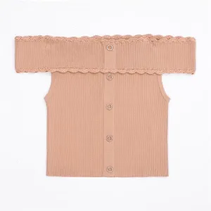 Off shoulder camel top