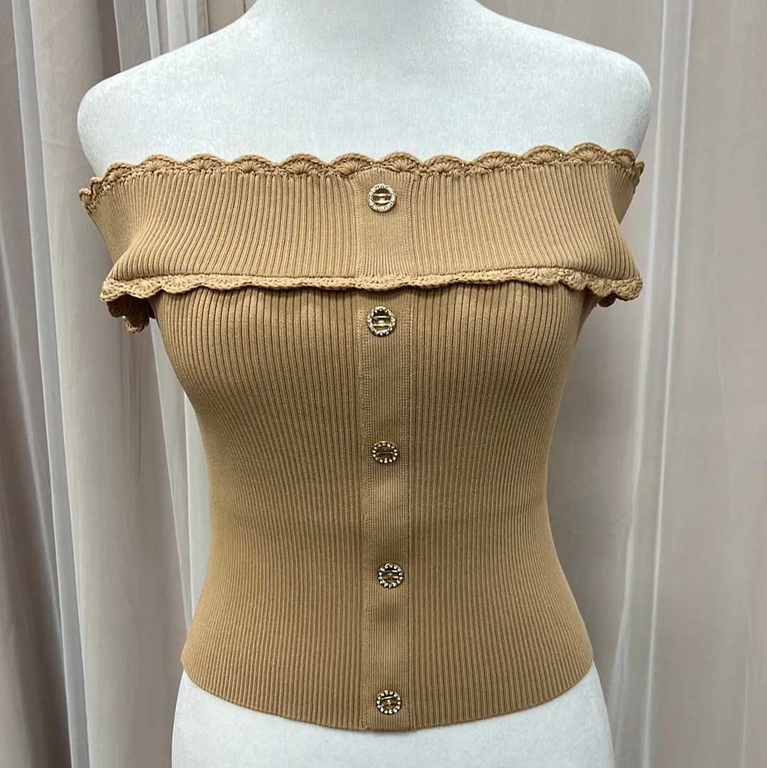 Off shoulder camel top