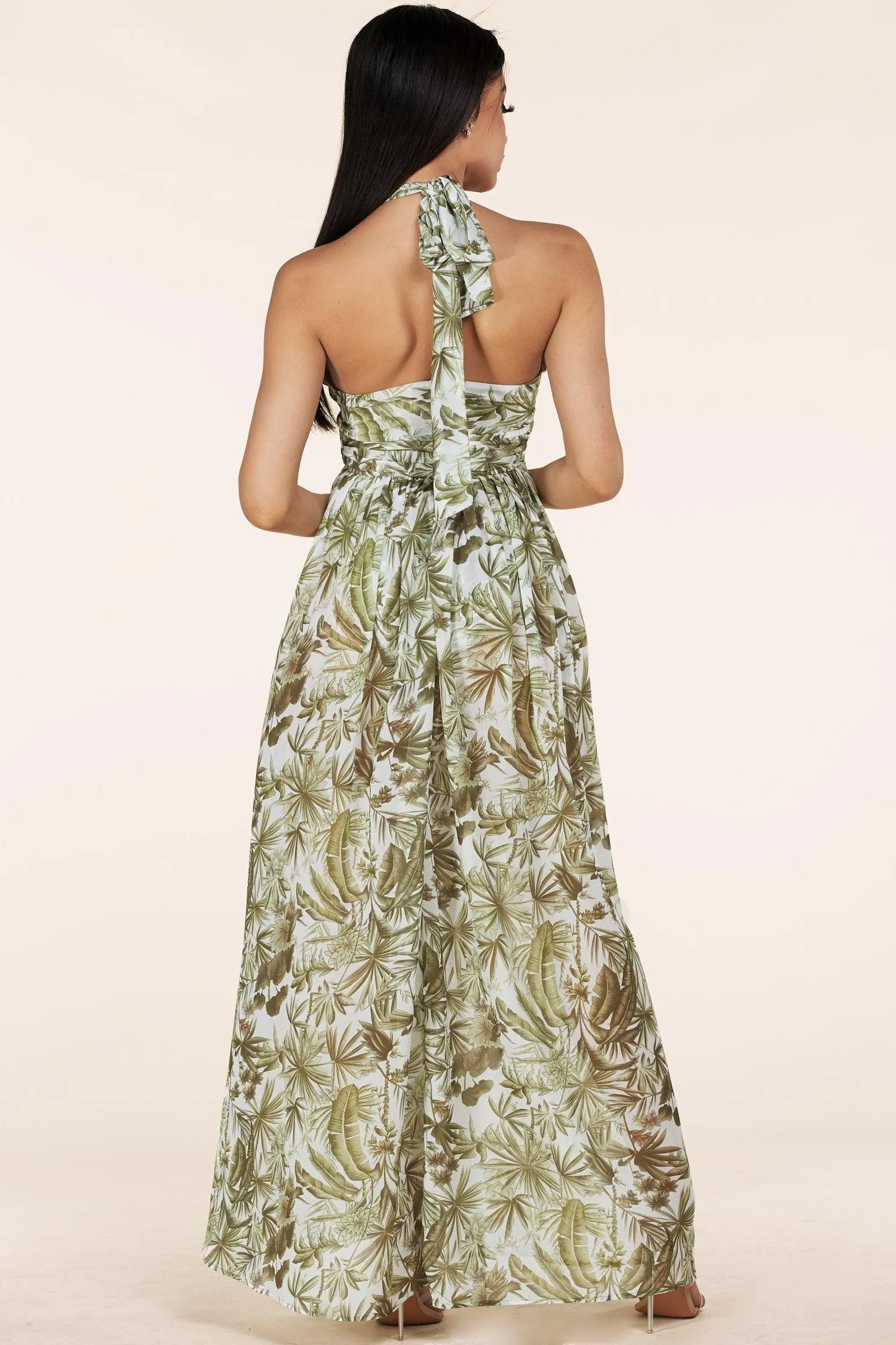 OLIVE TROPICAL CUT OUT HALTER MAXI DRESS