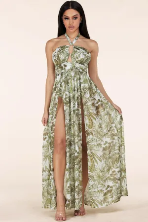 OLIVE TROPICAL CUT OUT HALTER MAXI DRESS