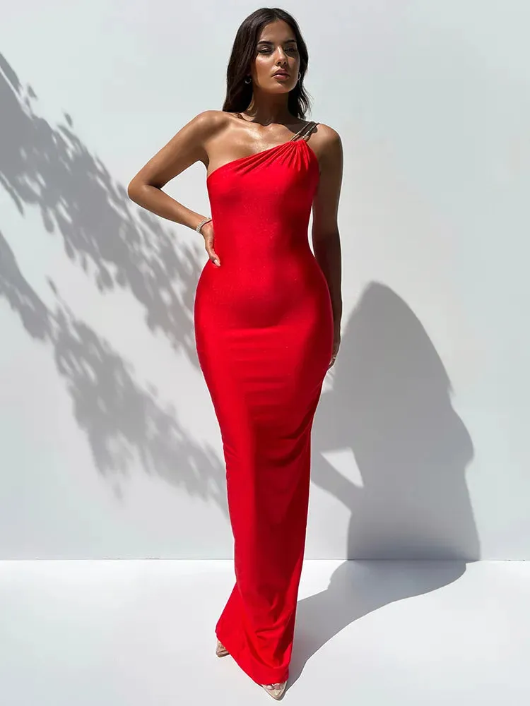 One Shoulder Backless Sexy Maxi Dress for Women Prom Evening Gown Fashion Off-Shoulder Sleeveless Bodycon Club Party Long Dress