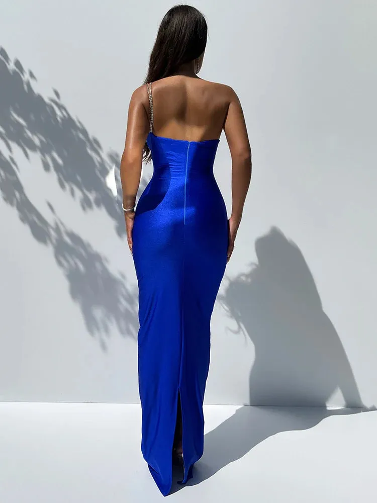 One Shoulder Backless Sexy Maxi Dress for Women Prom Evening Gown Fashion Off-Shoulder Sleeveless Bodycon Club Party Long Dress