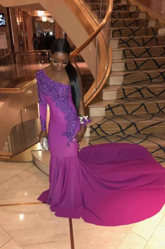 One Shoulder Lace Appliques Mermaid Long prom Gown with Train