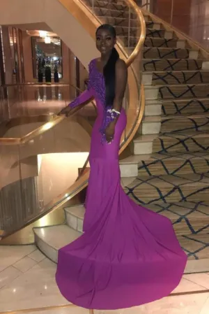 One Shoulder Lace Appliques Mermaid Long prom Gown with Train