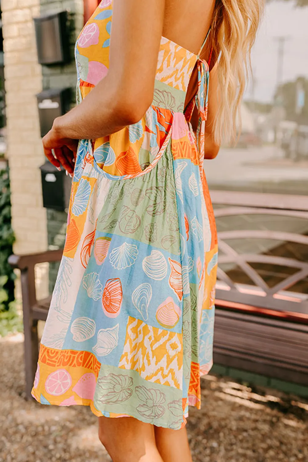 Orange Seashell Patchwork Print Self-tie Flowy Sundress