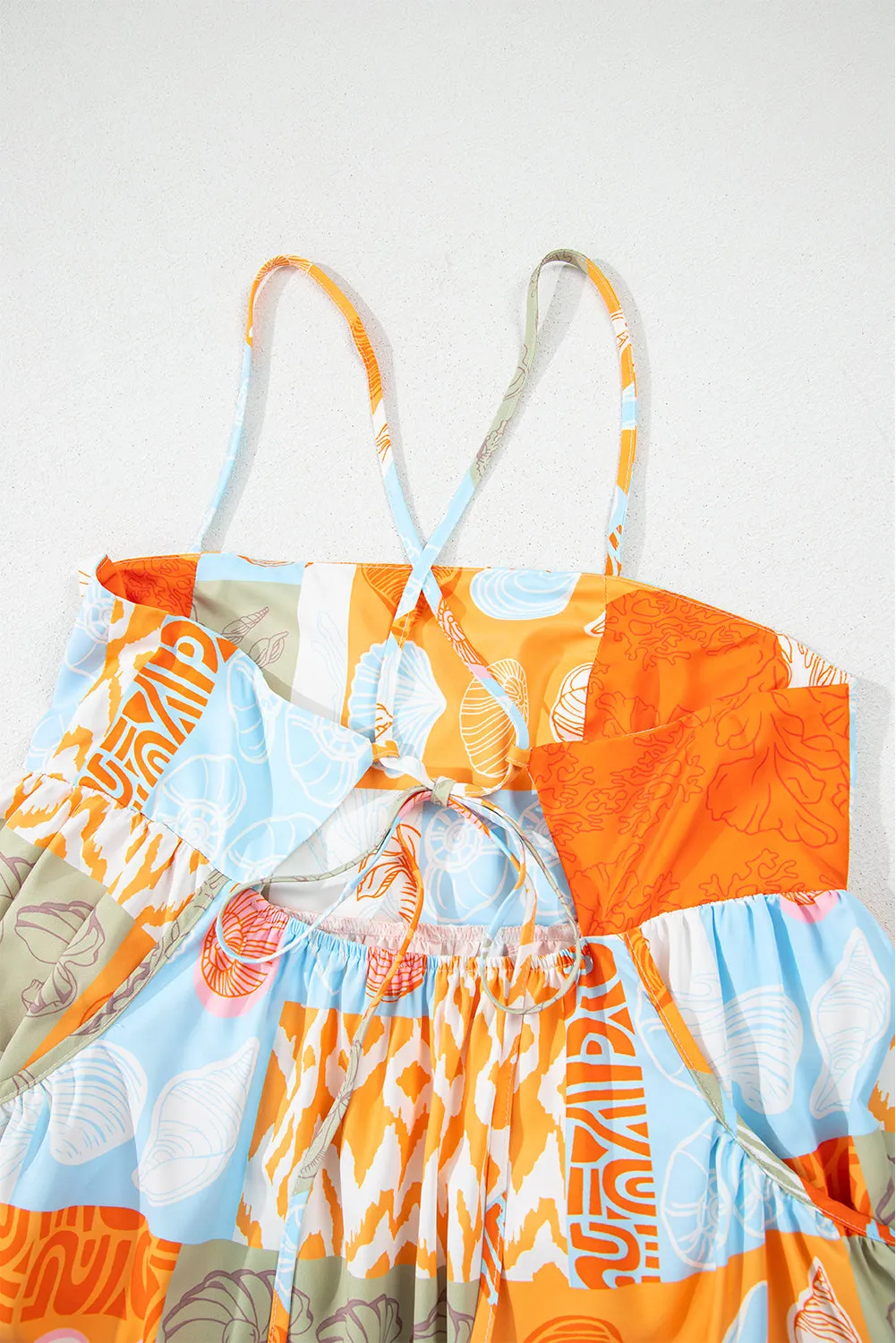 Orange Seashell Patchwork Print Self-tie Flowy Sundress
