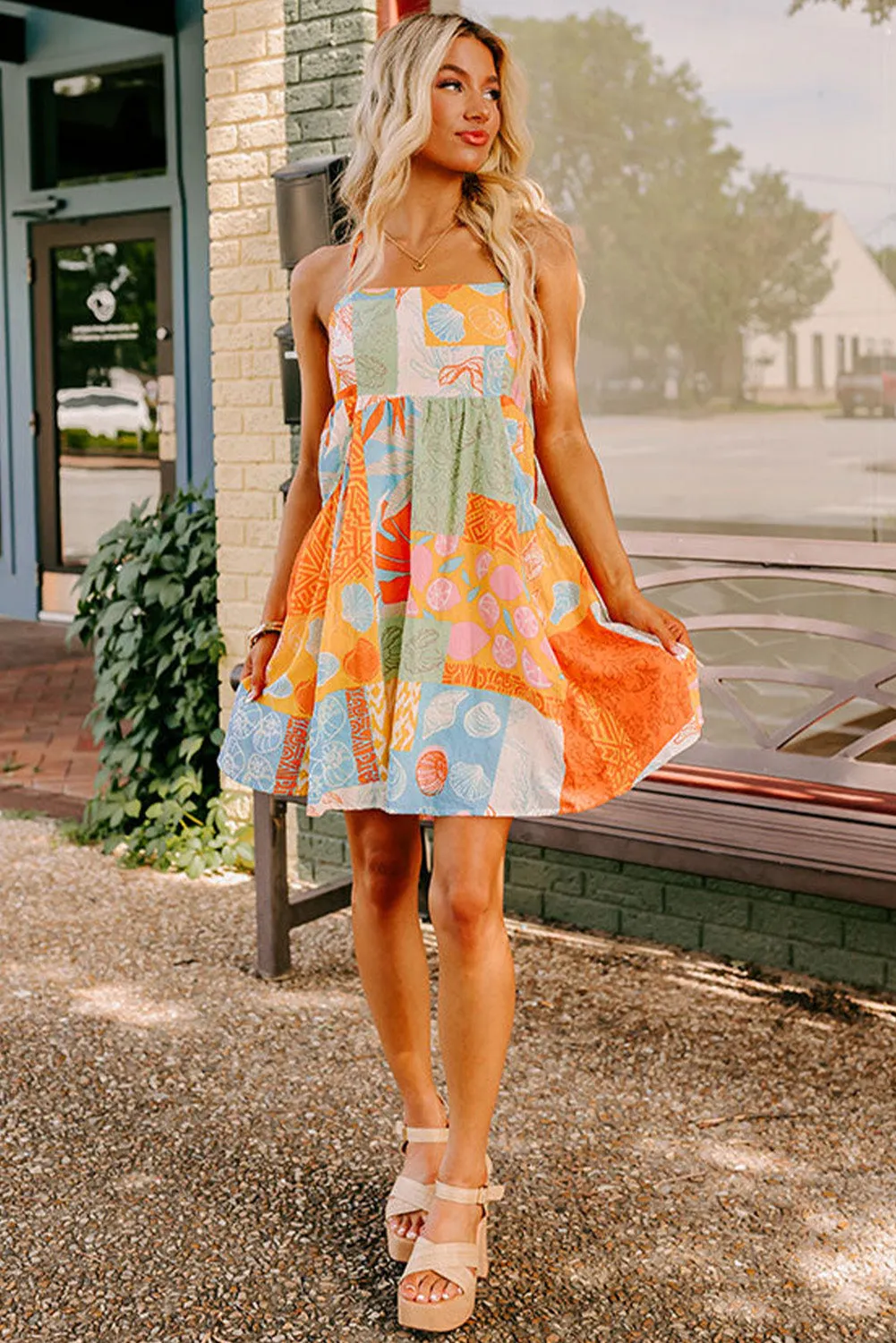Orange Seashell Patchwork Print Self-tie Flowy Sundress