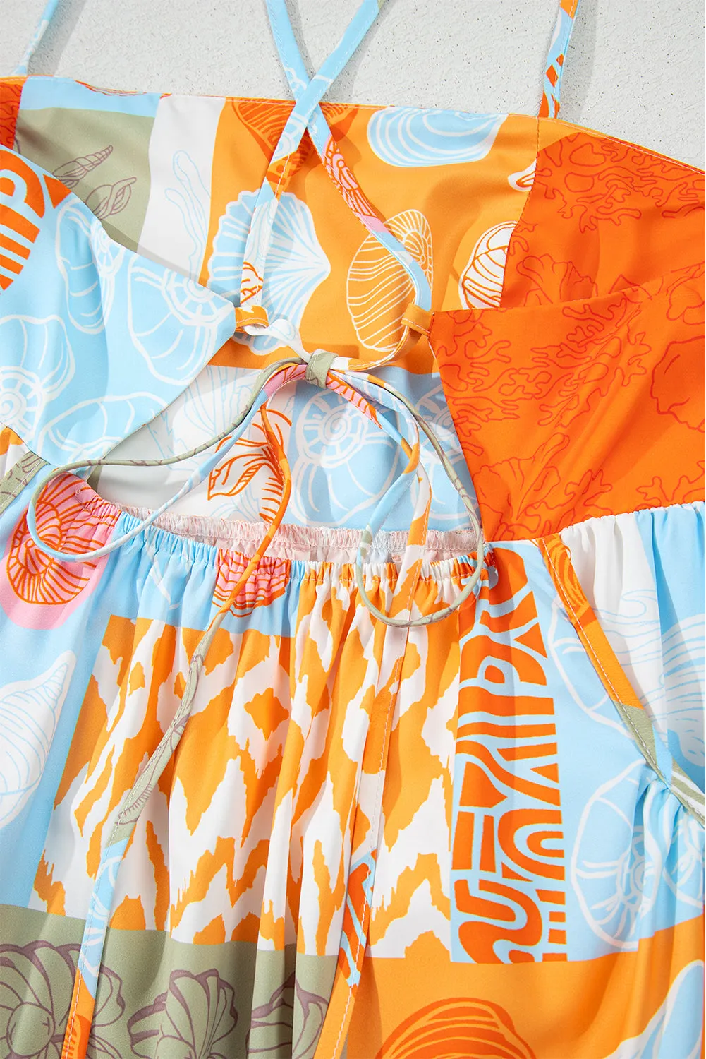 Orange Seashell Patchwork Print Self-tie Flowy Sundress