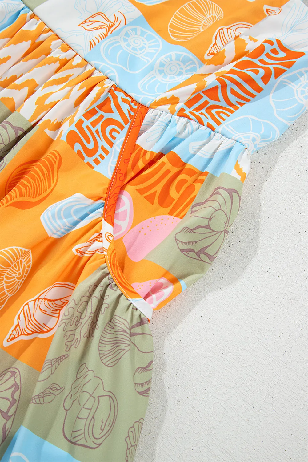 Orange Seashell Patchwork Print Self-tie Flowy Sundress