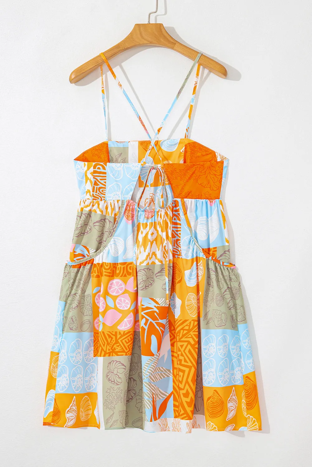 Orange Seashell Patchwork Print Self-tie Flowy Sundress