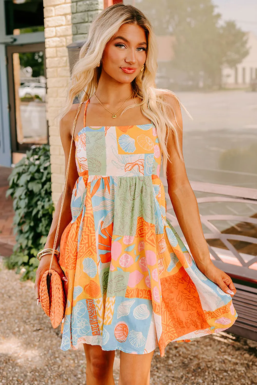 Orange Seashell Patchwork Print Self-tie Flowy Sundress