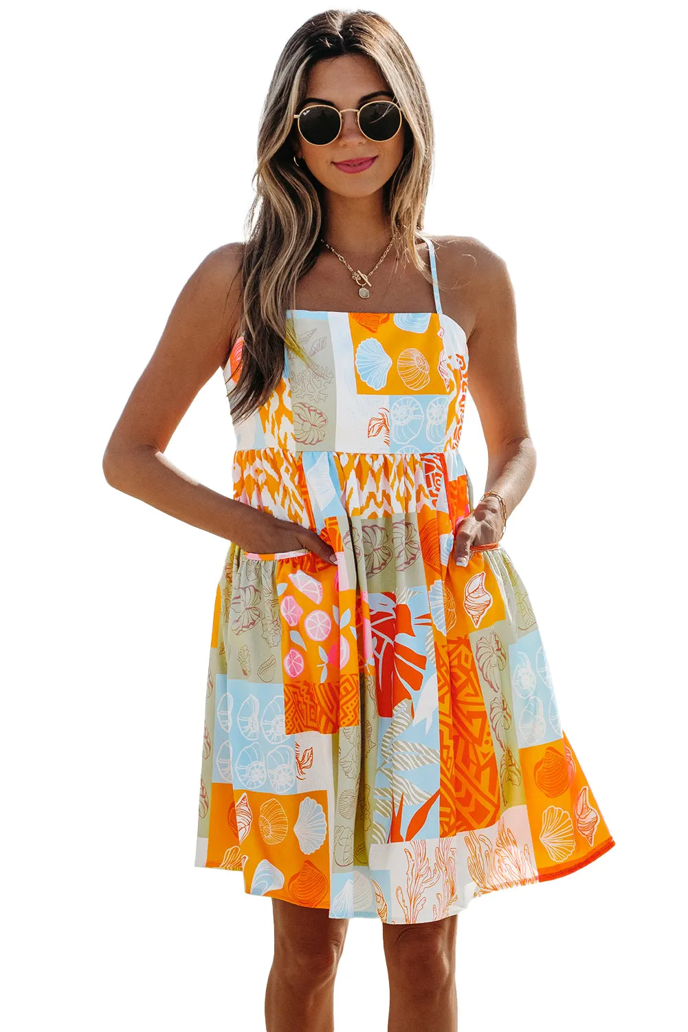 Orange Seashell Patchwork Print Self-tie Flowy Sundress