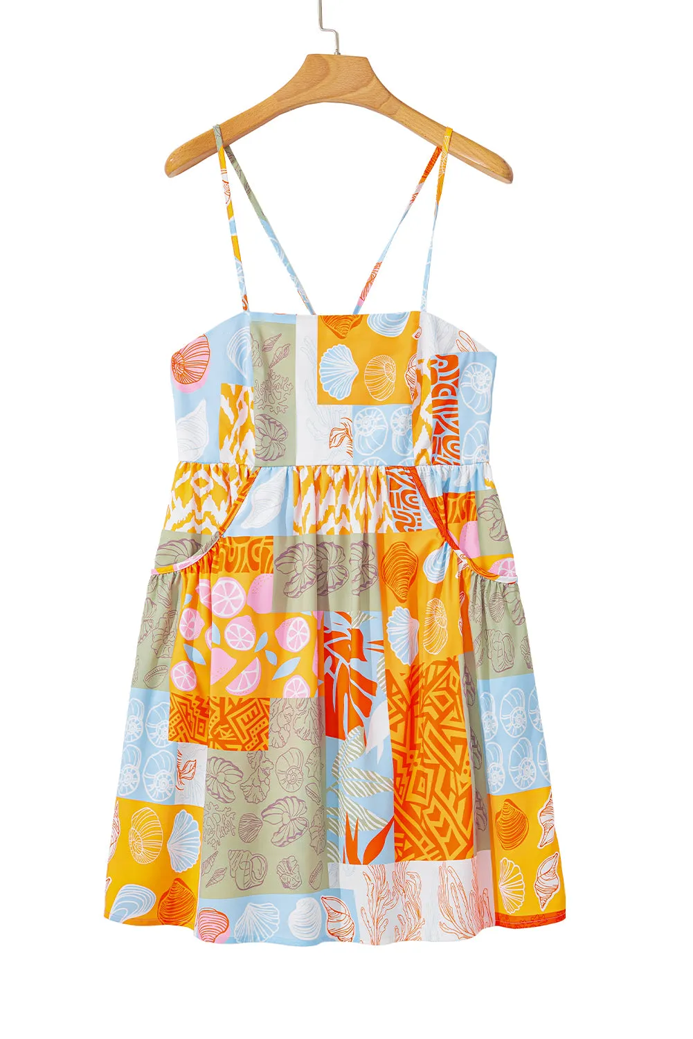 Orange Seashell Patchwork Print Self-tie Flowy Sundress