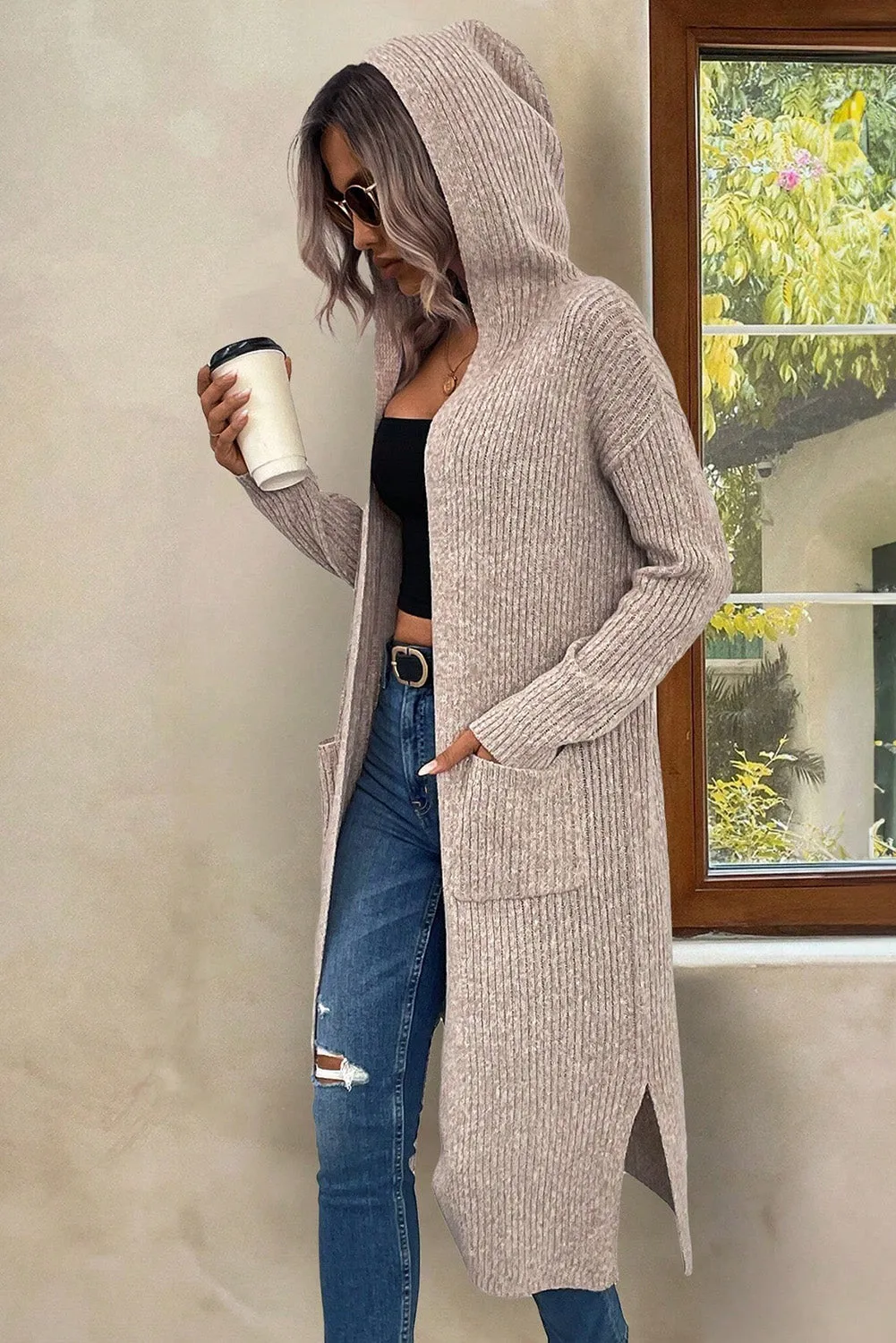 Parchment Side Splits Pockets Drop Shoulder Hooded Cardigan