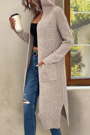 Parchment Side Splits Pockets Drop Shoulder Hooded Cardigan