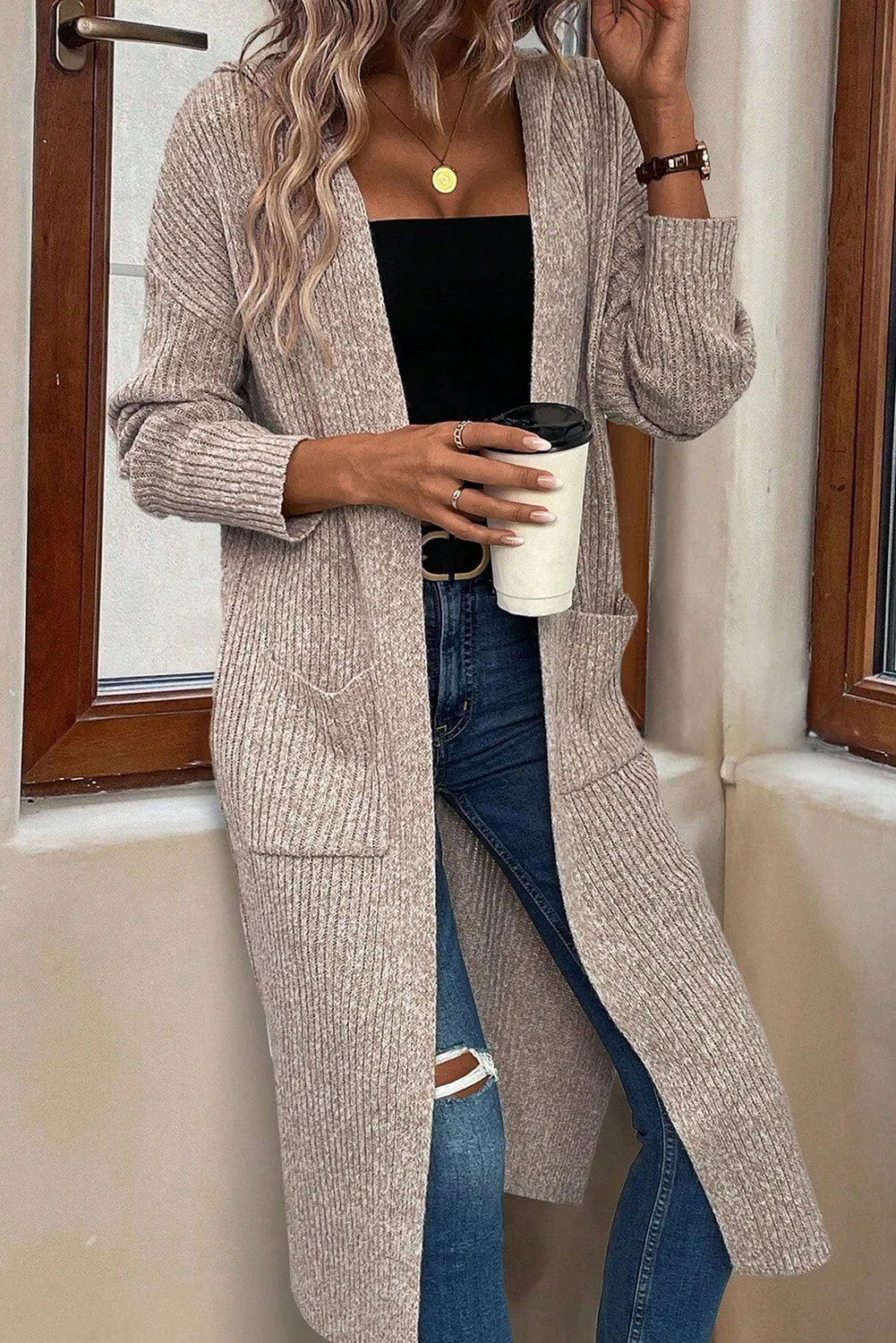 Parchment Side Splits Pockets Drop Shoulder Hooded Cardigan