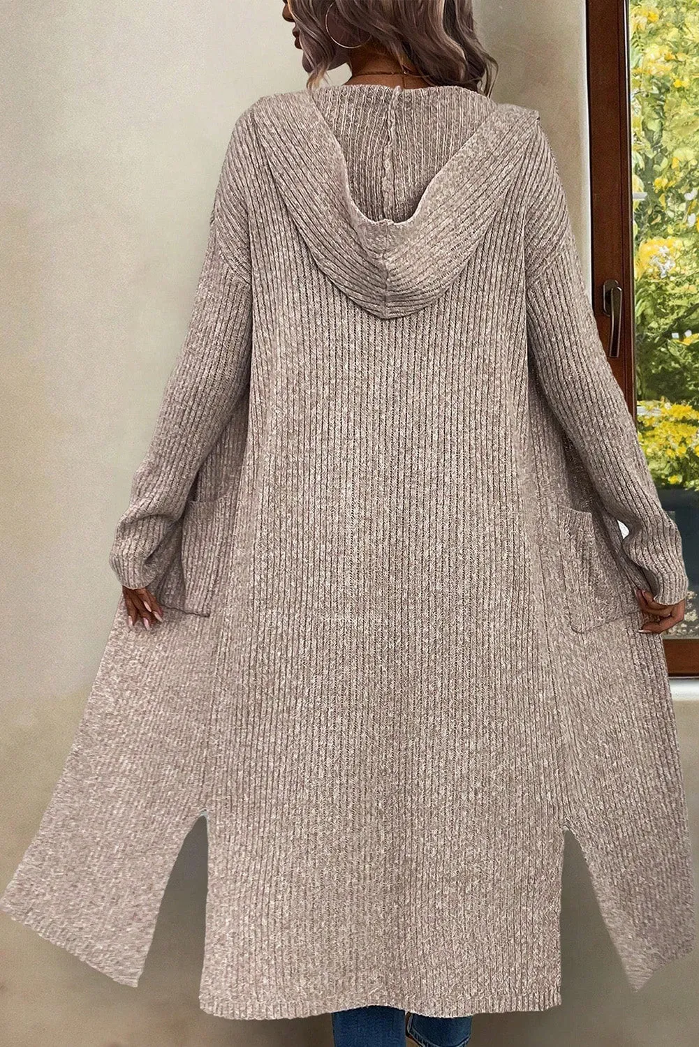 Parchment Side Splits Pockets Drop Shoulder Hooded Cardigan